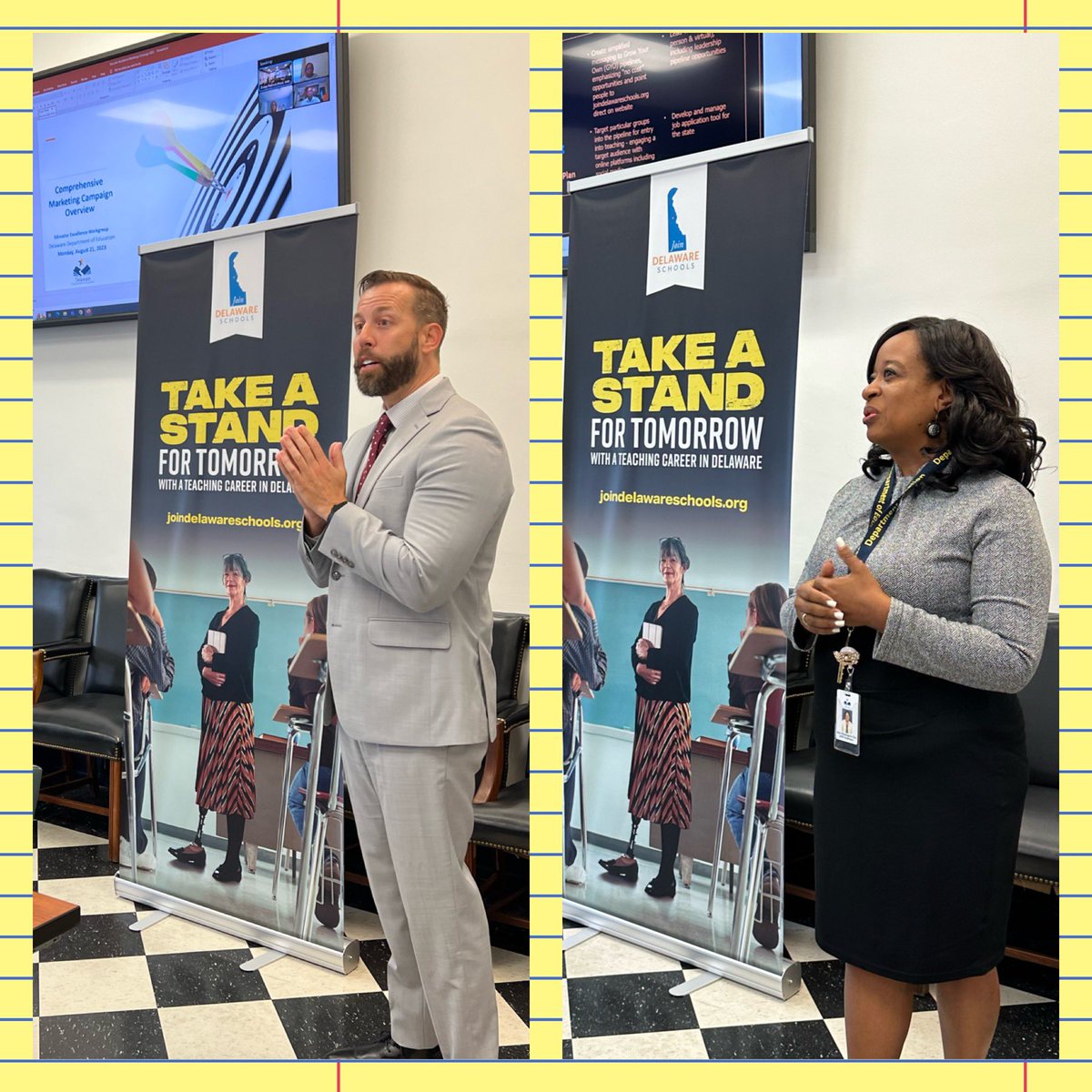 AnnHC_Champ4All's tweet photo. Today, Mike &amp; I “took a stand” to share #EdExcel’s Marketing Campaign that launched this spring! We 
1️⃣ celebrated the 5% retention rate 
2️⃣ unpacked the registered apprenticeship in teaching 
3️⃣ outlined strategies to diversify &amp; highlight Delaware’s incentives
#TeachInDelaware https://t.co/hw4otsslNJ