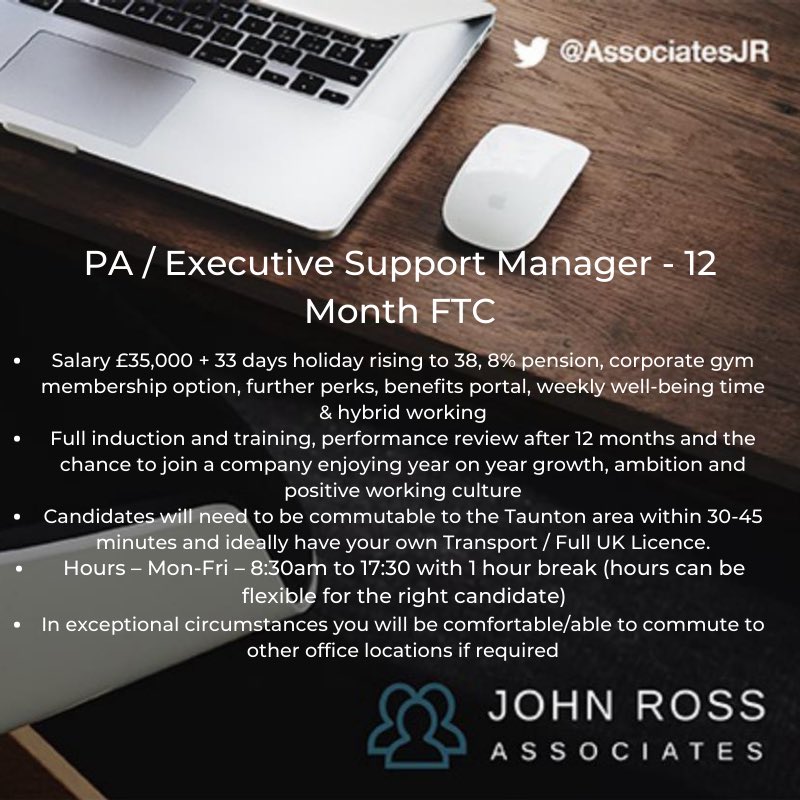 *** #NEW #VACANCY ***
 
#PA /
#ExecutiveSupportAssistant – 12 Month FTC

#pajobs
#tauntonjobs
#southwestjobs
#tauntonvacancy
#southwestvacancy
#recruiting
#hiring
#executivesupportjobs
#personalassistantjobs
#pacareers
#officejobs
#newjob
#contractjobs
#opportunity