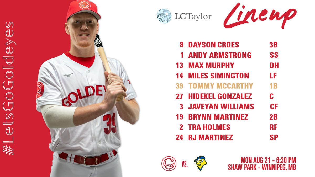 First baseman Tommy McCarthy bats fifth in this evening's LCTaylor Licensed Insolvency Trustee Goldeyes lineup.

<a href="/winnipegtrustee/">LCTaylor Licensed Insolvency Trustee</a> | #LetsGoGoldeyes
