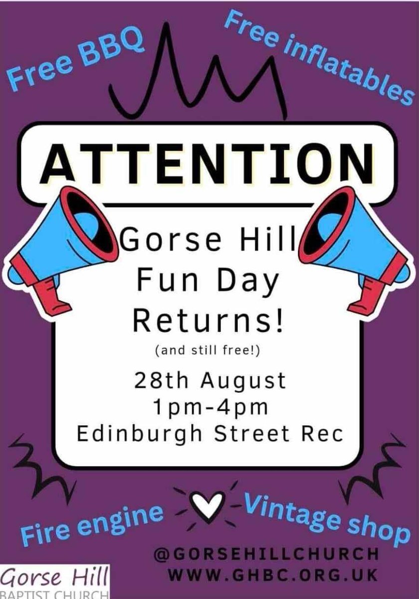 Come along to our Summer Fun Day on Bank Holiday Monday in Gorse Hill Swindon, it’s totally free!

#ghbc #gorsehill #swindon #kids #freeevent #Swindon