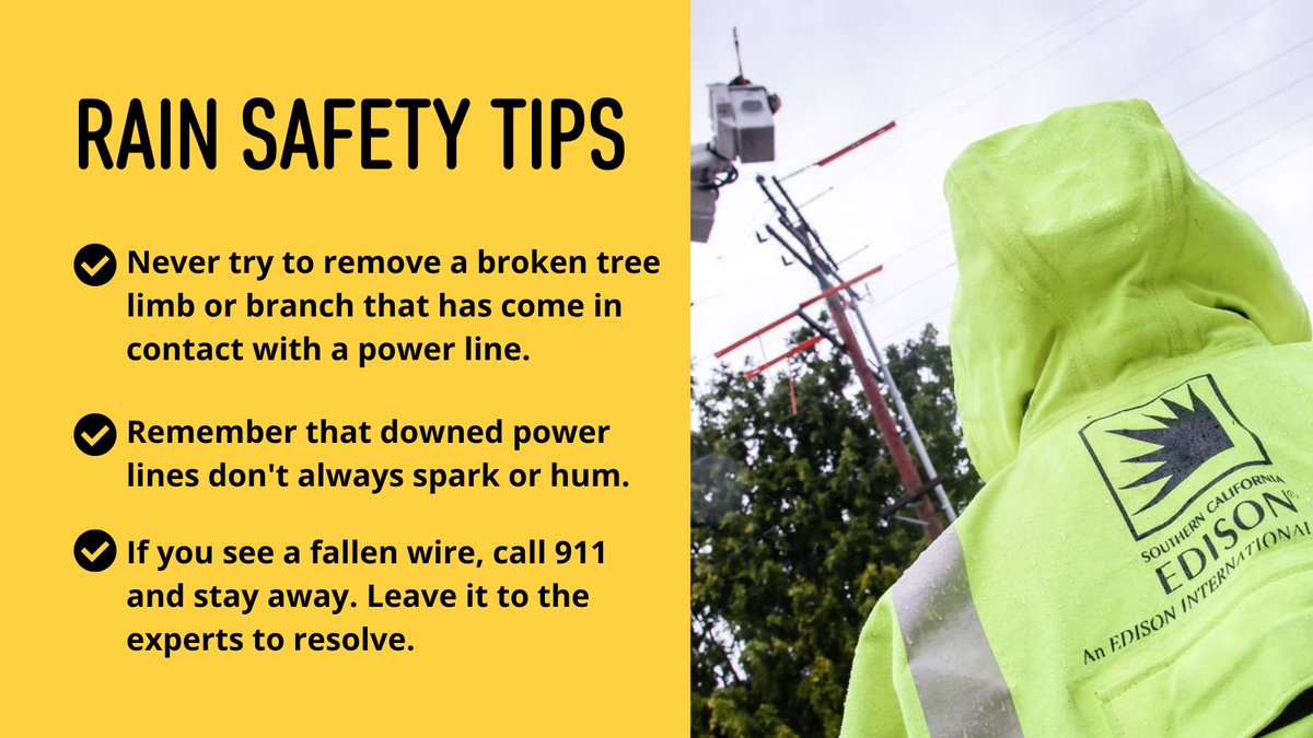 SCE_PublicAff's tweet photo. Safety is our top priority. That's why we ask that you never approach or touch anything in contact with a downed power line. Downed lines near water can electrify puddles, wet grass and surrounding areas. Stay 100 ft away and call 911. More safety tips: https://t.co/rmcSXZpfSR https://t.co/7uPJqiro8j
