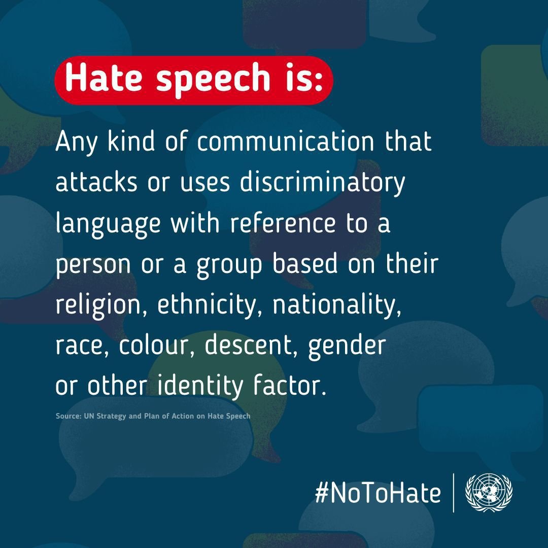 Hate speech can take many different forms. But no matter what it looks like, hate speech has real consequences. On Tuesday’s Int'l Day for Victims of Violence Based on Religion or Belief, get ideas on how you can take action and say #NoToHate: un.org/en/hate-speech…