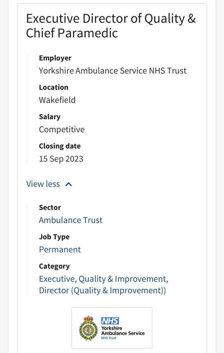 Delighted to be engaged with @YorksAmbulance in recruitment of new #ChiefParamedic post 📑@YorksAmbulance Executive Director of Quality & Chief #Paramedic 📑Executive salary, F/T, permanent ⏰Closing 15.09.2023 👀Details 👉 hsjjobs.com/job/2611583/ex… @WeAHPs @ParamedicsUK