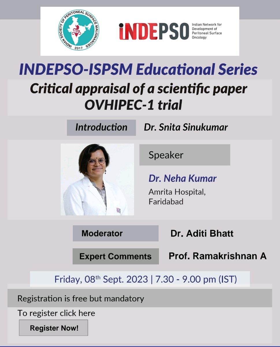 indepso's tweet photo. Gear up for another riveting discussion as Dr Neha Kumar appraises #OVHIPEC1, the talk of the town in Ovarian cancer !!
08th Sept. 2023 | 07.30 - 09.00 pm (IST)
Register Now!
https://t.co/LcmYTS7CJE https://t.co/xrdjPQwIdk