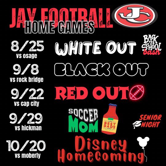 We are back this week and can’t wait to see you at Adkins Stadium! @jcjaybirds @jchs_cheerleading @JeffCityStuco @jeffcityjaysband