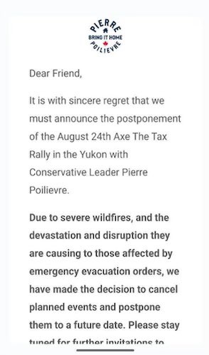 TurnbullWhitby's tweet photo. Oh the irony!!

While those living in the harsh reality of a climate emergency struggle to survive, Poilievre is out trying to strike down best practice climate policies.  

Poor guy! - those wildfires sure are an imposition on his climate denial tour of 🇨🇦!

#cdnpoli https://t.co/qoBaMvlwnK