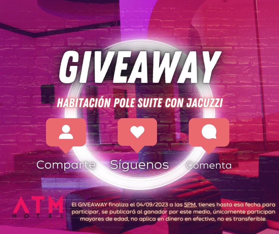 motel_atm's tweet photo. ¡Eleva la diversión al máximo! 🎉 Participa en nuestro emocionante sorteo y gana una Pole Suite de lujo para 3 personas. ¿Listo para una experiencia inolvidable? solo comparte, síguenos y comenta para jugar. vig. hasta 04/09/23🏆✨ #Giveaway  #DiversiónSinLímites #MotelATM #MTY https://t.co/h8sQe6y6Eg