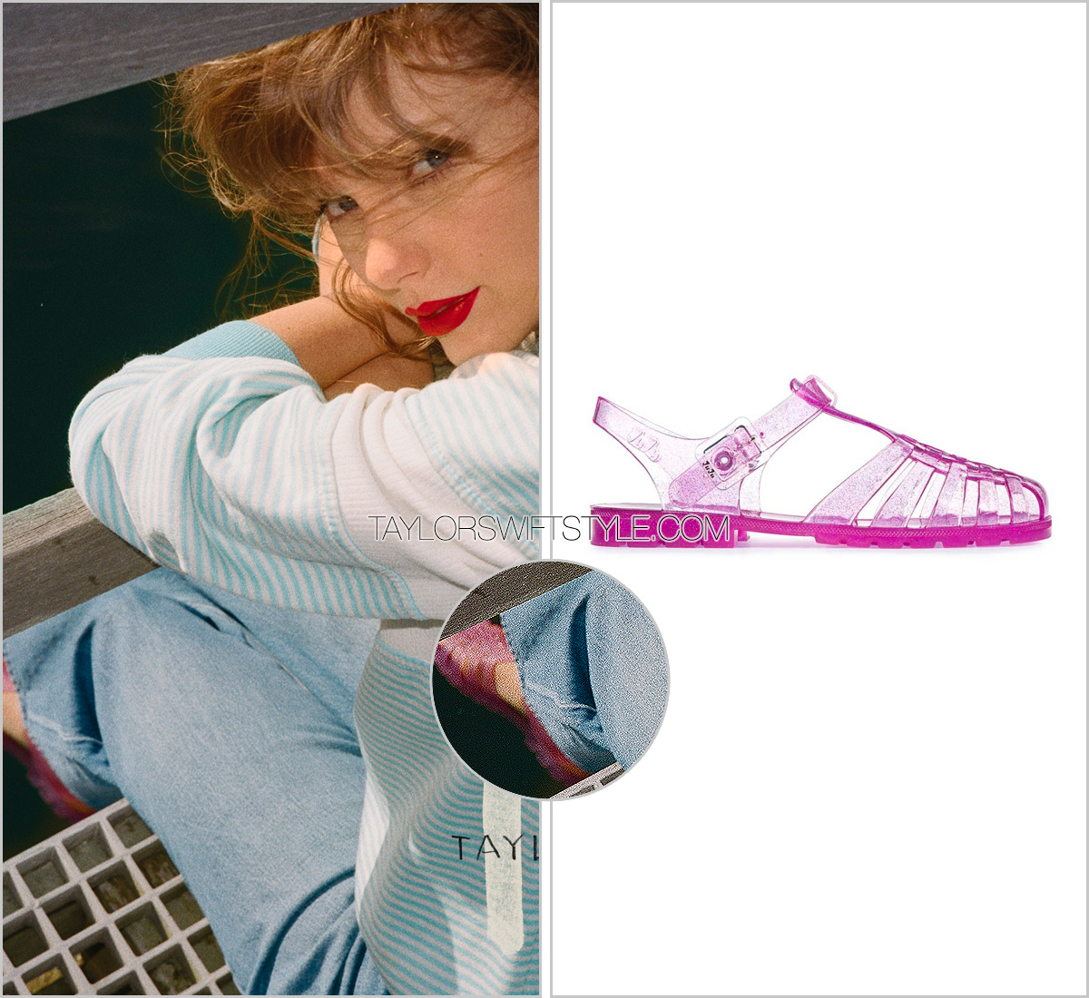 #1989TaylorsVersion 'Aquamarine Green' Edition. <a href="/taylorswift13/">Taylor Swift</a> wears #Juju 'Reilly' jelly sandals. Unclear why. Shop shopstyle.it/l/bINxS