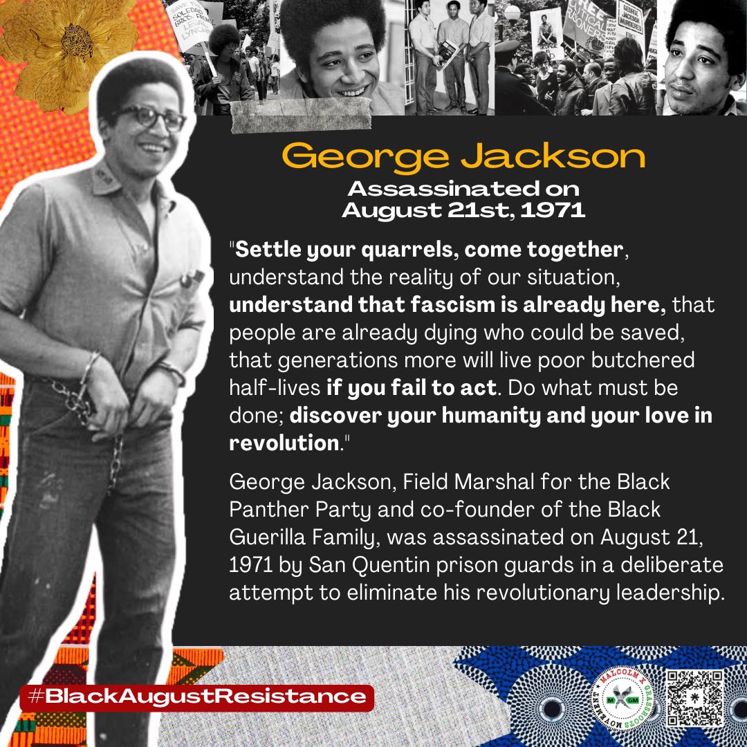 ✊🏿🐉 On this #BlackAugustResistance Flea Day, we honor the revolutionary spirit of #GeorgeJackson. On this day, George Jackson, Field Marshal for the Black Panther Party & co-founder of the Black Guerilla Family was assassinated in 1971 by San Quentin prison guards. #BlackAugust