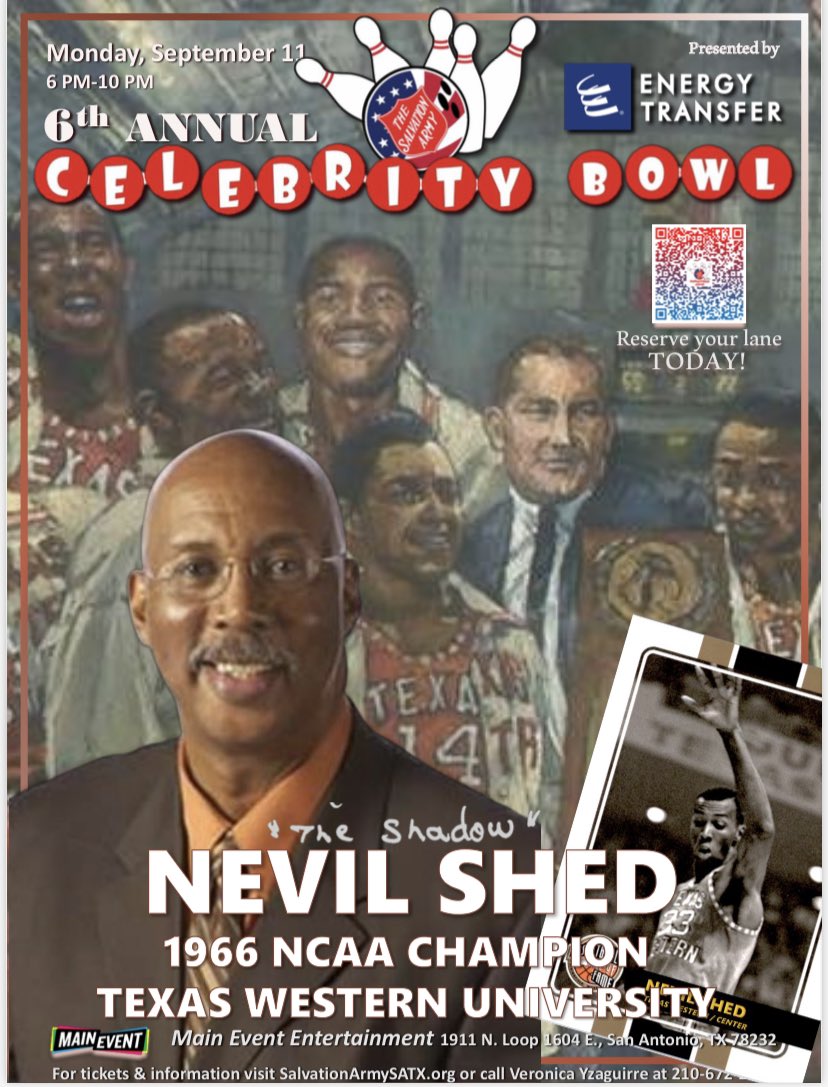 Welcome Basketball Hall of Famer #NevilShed to our annual #CelebrityBowl on Sept. 11.  
Mr. Shed is a member of the historic 1966 Texas Western Miners NCAA Championship Basketball team.  Celebrity Bowl is presented by @EnergyTransfer.
SalvationArmySATX.org or 210-672-2910.
