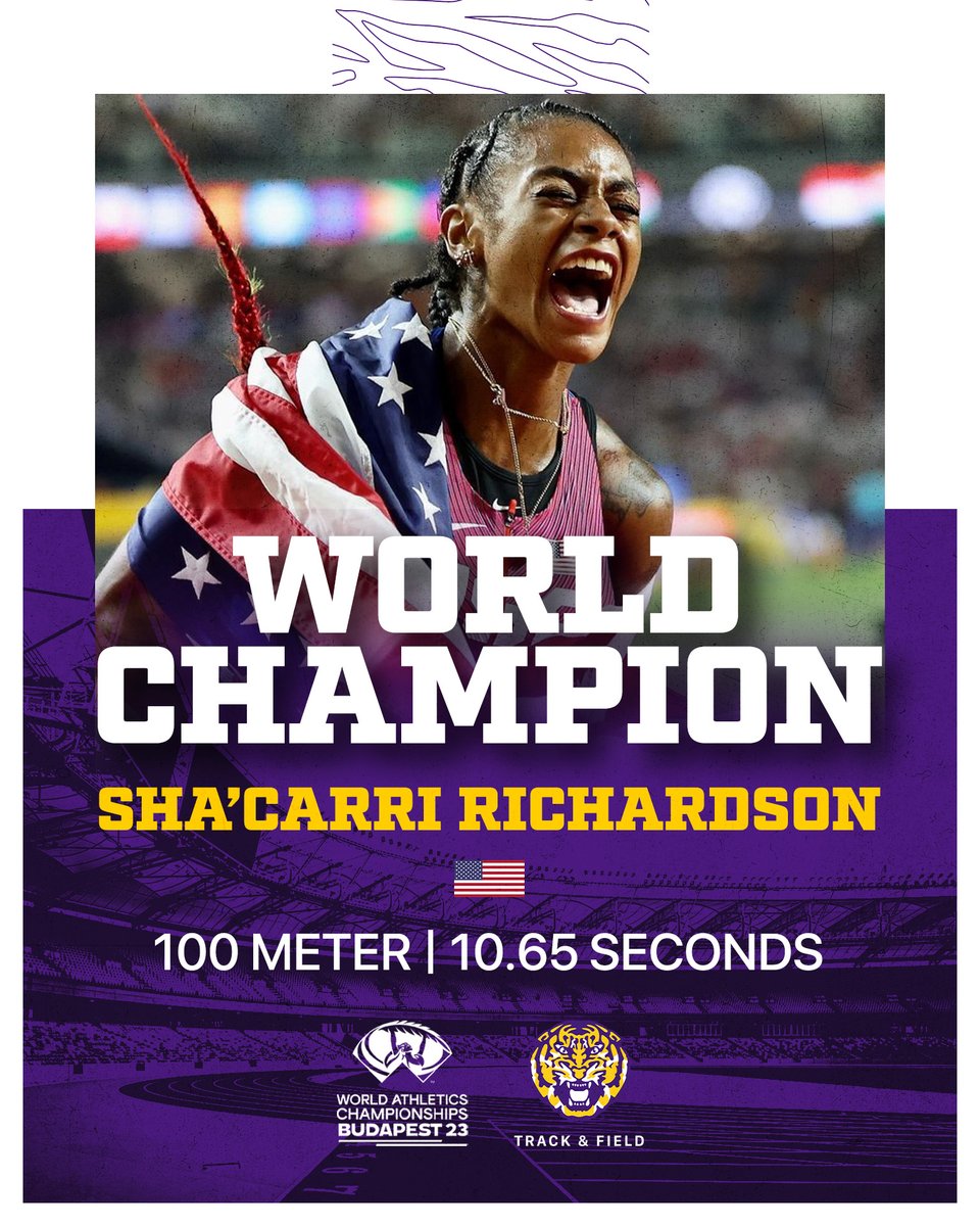 LSUTrackField's tweet photo. Your 2023 100m 𝐖𝐨𝐫𝐥𝐝 𝐂𝐡𝐚𝐦𝐩𝐢𝐨𝐧! 🇺🇸

⭐️ 10.65: WA Championships' RECORD.
⭐️ First World Championship appearance (and title).
⭐️ T-No. 5 fastest time in 🌎 history.
⭐️ First ever to win the 100m title after not auto-qualifying in SF.

#GeauxTigers | @LSUsports https://t.co/sVAvCp3M8V