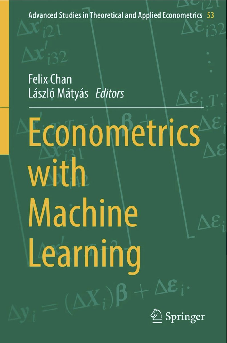 Hi #EconTwitter! 

Interested in the applications of #MachineLearning to #Econometrics?

As of today, this book appears to be one of the most compelling collections of scientific works on the topic.⭐️

If you haven't yet, check it out! 👇

link.springer.com/book/10.1007/9…