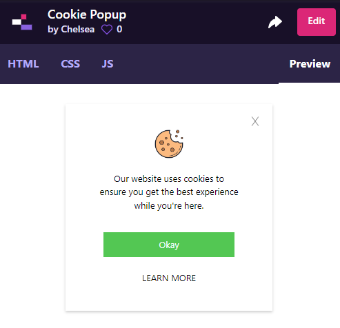AsisChelsea's tweet photo. This took me I guess about a total of 30mins to do the Cookie Popup.  The current challenge was still hard for me so I am still on the small ones. 🙂 Next up for today is:

20 mins Anki
1 Codewars Kata
9 House Cleaning Tasks (5 mins each) 🧹
#iCodeThis
#100DaysOfCode https://t.co/4L21BxZNwp