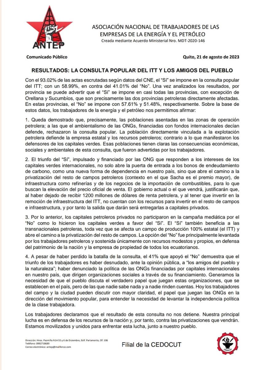 Los trabajadores de las empresas de la energía y el petróleo, ante los resultados de la #ConsultaPopular del #Bloque43 #ITT #Yasuni ratificamos nuestra unidad y voluntad de luchar por los intereses de la nación y los derechos del pueblo.
#LaCienciaNoMiente