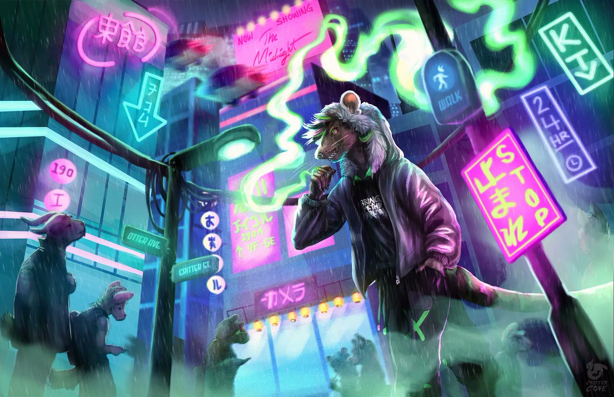 crittercoveart's tweet photo. The sounds of heavy rain, whirring cars as they fly above, the bustle of the city.
Illustration for OtterPop https://t.co/tThLzrEUQa
#cyberpunkcity #furry #cyberfurry #punkrat #cybercore #crittercoveart #furryillustration #anthrocyberpunk #cyberpunkfurryart https://t.co/knRABF3VU4