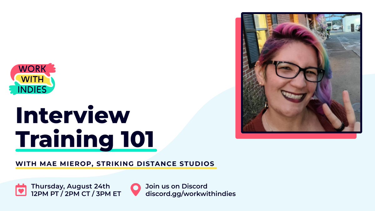 WorkWithIndies's tweet photo. 📣 Event Announcement!

Interview Training 101 with Mae ✨

Learn how to impress &amp; stand out in an interview with Mae Mierop, Recruiting Program Manager at @sd_studios. Mae brings over 10 years of exp in training, recruiting, and mentoring!

See below for details ⤵️ https://t.co/4fQWl43UUC