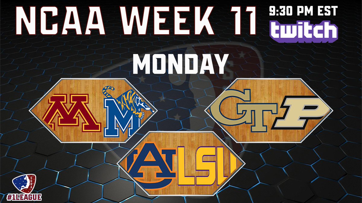 We have more Week 11 action tonight at 930pm est on TWITCH.  Swing by and check out Minnesota v Memphis, Georgia Tech v Purdue &amp; Auburn v LSU. #1League #NBA2k <a href="/iNetworkSports/">iNetwork</a> <a href="/GamerGrowth/">GamerGrowth</a> <a href="/TGA_Media/">TGA</a> <a href="/SupportingStre3/">Network GG</a> <a href="/CaveaIO/">CAVEA</a> <a href="/MiMi_Iink/">MiMi ®</a> <a href="/JerkyProEsports/">JerkyPro eSports</a>  twitch.tv/sgba2kleague