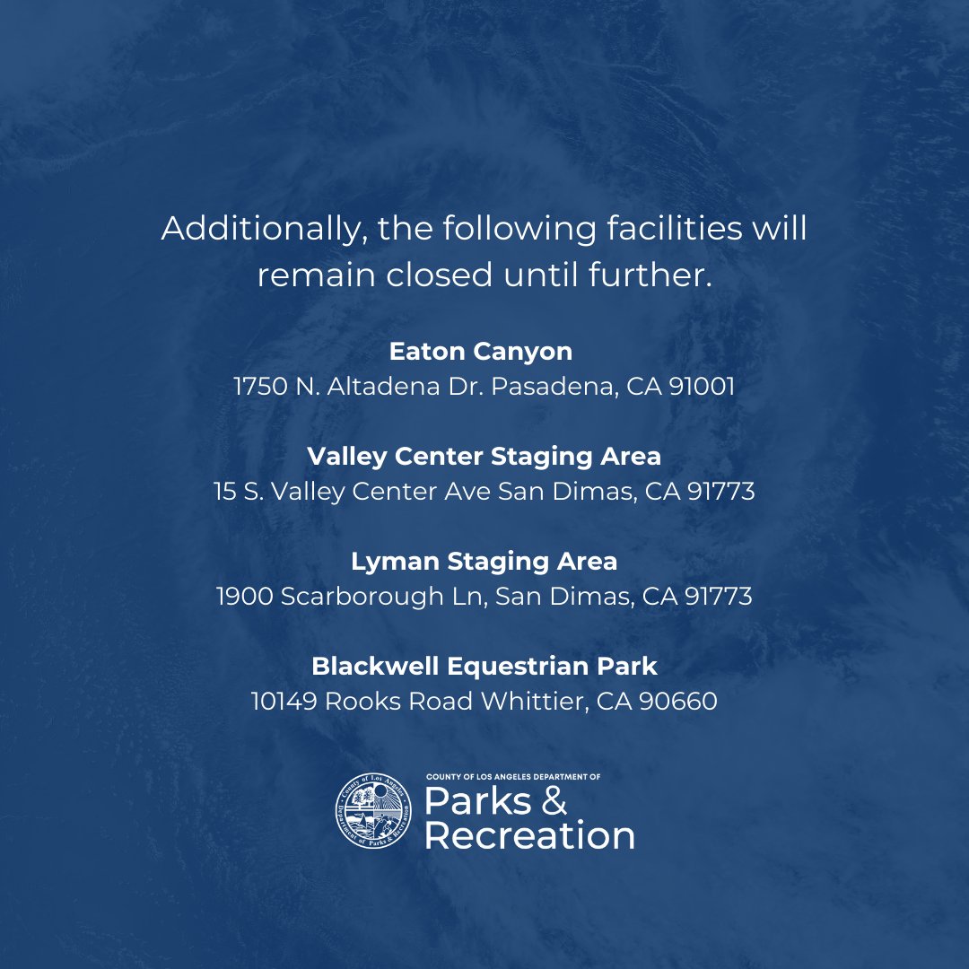 Even though the skies are sunny again, #LACountyParks facilities and buildings remain closed today. Additionally, we have some extended closures at certain facilities as we recover from #HurricaneHilary. Please see images for full detail.