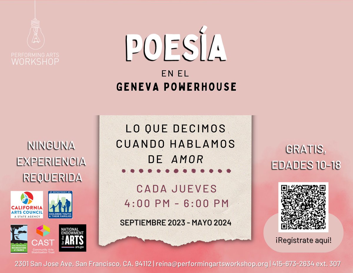 PerformingArtsW's tweet photo. 📣 ¡Atención a todos los poetas! 📖
 Estudiantes 10 a 18 años, esta clase de poesía sin costo es para ustedes 🗣️✨ Jueves, de 4:00 a 6:00 PM en el Geneva Powerhouse para conectar a través de la magia de las palabras 🎙️ Registro a través del enlace en bio 🔗 https://t.co/ASnXcHBLxk