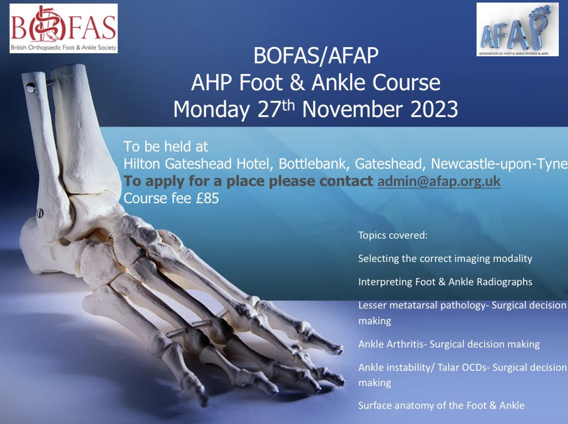AFAP UK (@afapuk) on Twitter photo There is still time to apply for our beginners foot and ankle course in Newcastle. Please email admin@afap.org.uk for an application form. Open to all AHPs and nurses.
Closing date the end of the week! There is still time to apply for our beginners foot and ankle course in Newcastle. Please email admin@afap.org.uk for an application form. Open to all AHPs and nurses.
Closing date the end of the week!