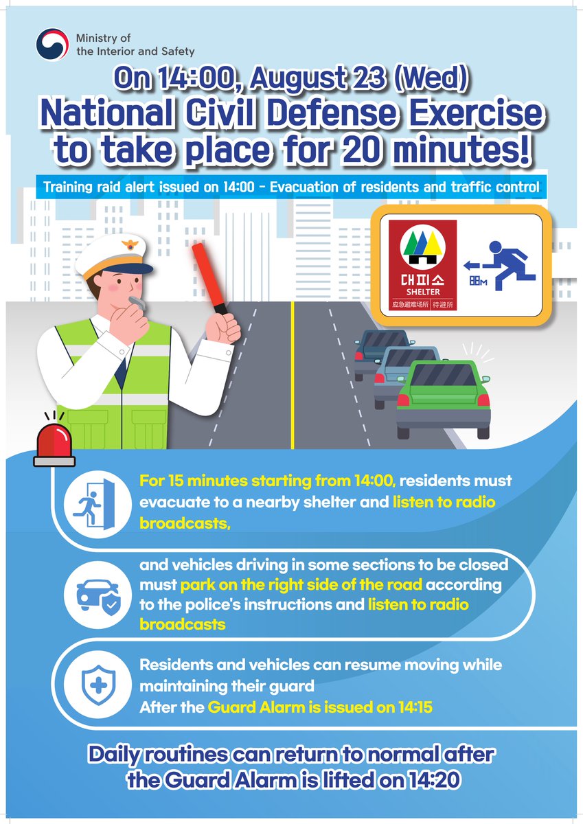 EighthArmyKorea's tweet photo. The ROK government will hold a nationwide civil defense drill tomorrow, Aug. 23, at 2 p.m. It will begin with an air-raid warning and end with a lifting siren at 2:20 p.m. After the air-raid warning, authorities will restrict movement of residents and vehicles for about 15 min... https://t.co/b2i7rSwZfX