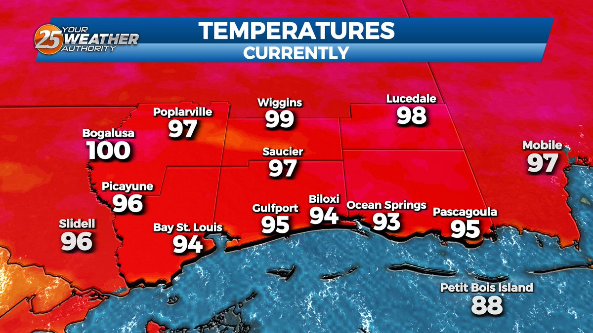 cdenmarkwx's tweet photo. VERY HOT DAY TODAY!!!! 🥵 We also have PTC Nine in the Gulf of Mexico.
Join us for @WXXV25 News beginning at 5 PM on #FOX. Where I will have the latest on the tropics and the Temperatures.
#PTCNINE #Wxxv25 https://t.co/0K9lR9a9pv