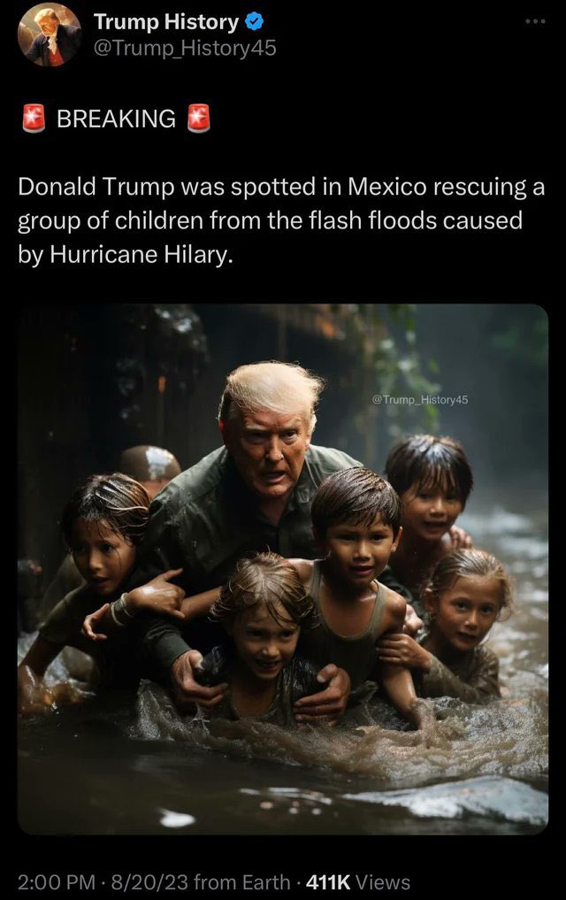dukeofsandreni's tweet photo. Breathtaking. This is what a true hero looks like, America. Just wow, I cannot believe he flew to Mexico during a hurriquake and saved children from flooding. He should just be POTUS for life, 91 felonies be damned โค๏ธ
#MAGA #Trump #CompletelyReal https://t.co/lQwZshEW44