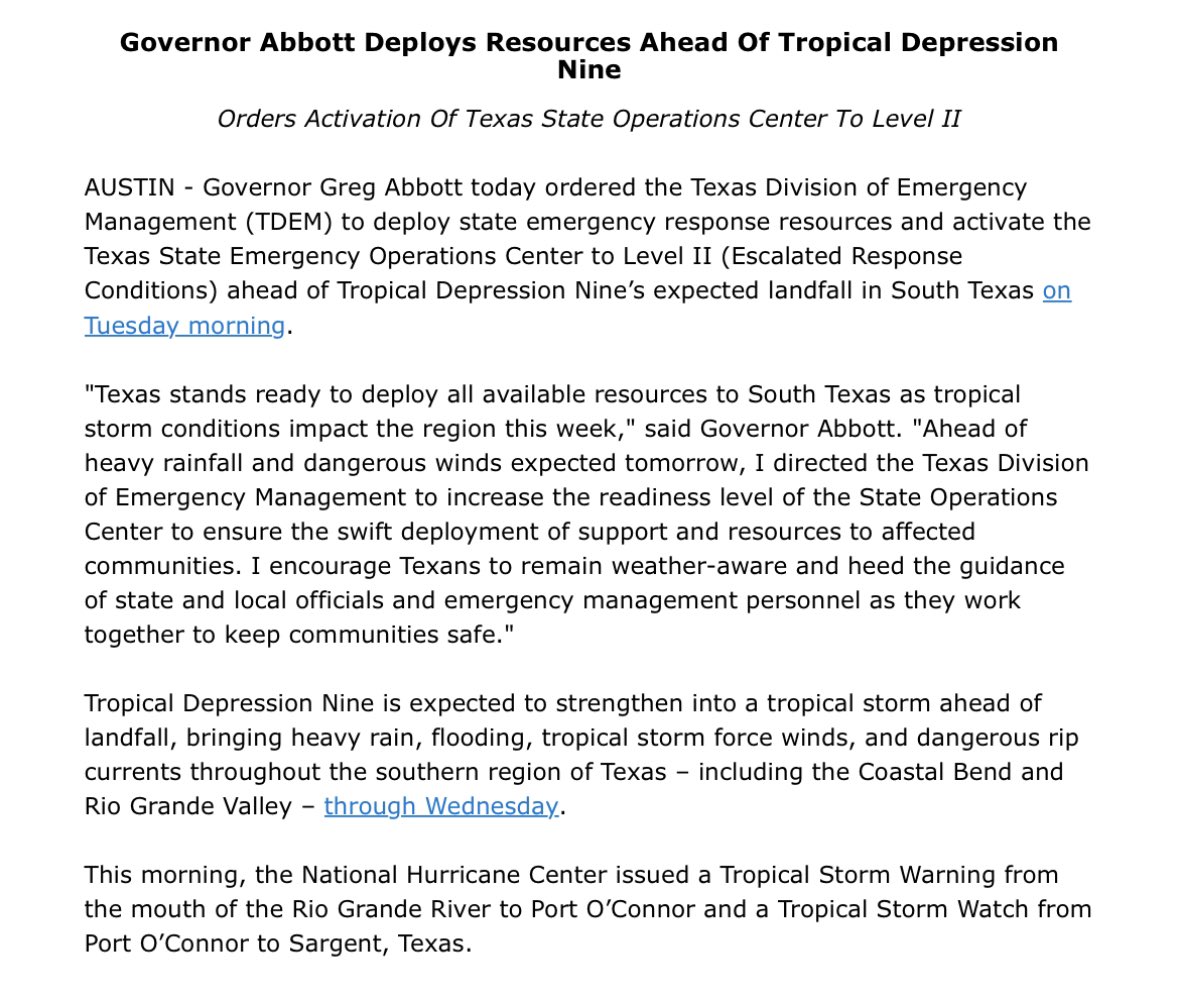 GovAbbottPress's tweet photo. I directed @TDEM to deploy state resources to South Texas ahead of tropical storms expected tomorrow.

Texas is prepared to respond. 

Texans should remain weather-aware as this storm impacts our state. 

Read more: https://t.co/GOkN1XCjDH https://t.co/Bj93O0hyPx