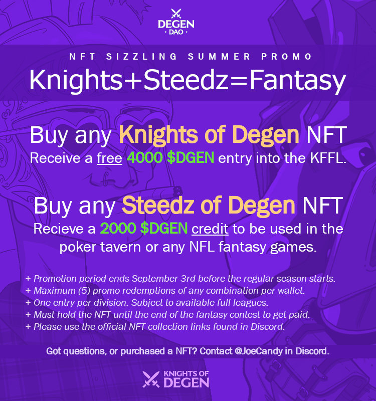 We're thrilled to unveil our football promotion catering to newcomers and current holders alike. Acquiring any Knight from the secondary market automatically grants you an entry into the KFFL. Excitingly, the KFFL now allows you to participate up to 5 times due to this year's