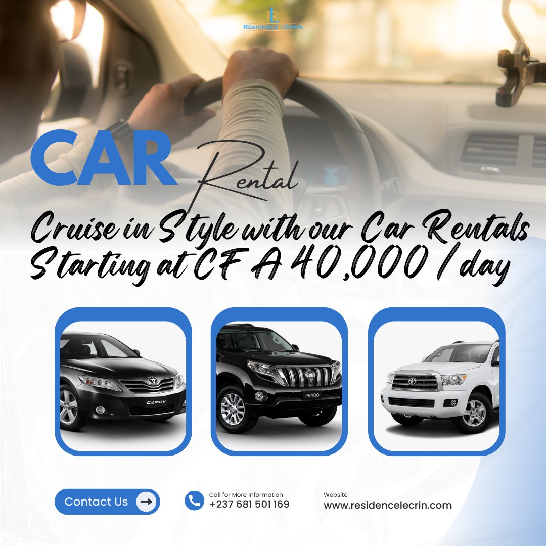🚗 Experience the freedom to explore Yaoundé and beyond with our convenient car rental options. Starting at just CFA 40,000, you can hit the road and create unforgettable adventures at your own pace. 🛣️🌟 #CarRental #ExploreInStyle #RésidenceLécrin #Yaoundé #Cameroun
