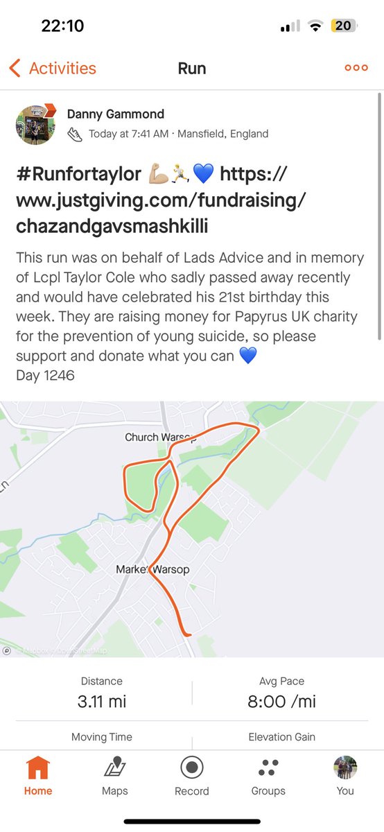 advice_lads's tweet photo. Big up to our member Danny for getting some miles in for our #runfortaylor event to mark the 21st Birthday of LCpl Taylor Cole who sadly died earlier this year.
All money raised will go to @PAPYRUS_Charity to help create suicide safer communities
πhttps://t.co/Vqbgne9PL9 https://t.co/i1fQAEVmBm