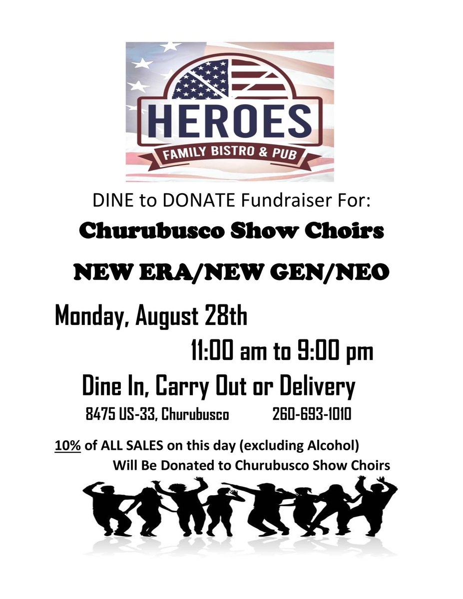 Busco_FineArts's tweet photo. 📆SAVE THE DATE!📆

Next Monday, August 28, New Era, New Generation, and NEO will be hosting a Dine-to-Donate fundraiser with Heroes! 🍕

10% of all sales (excluding alcohol) will be donated to the Churubusco Show Choirs! Mark your calendar and let us cook for you next week! 🎶 https://t.co/YbCFGMoyvk