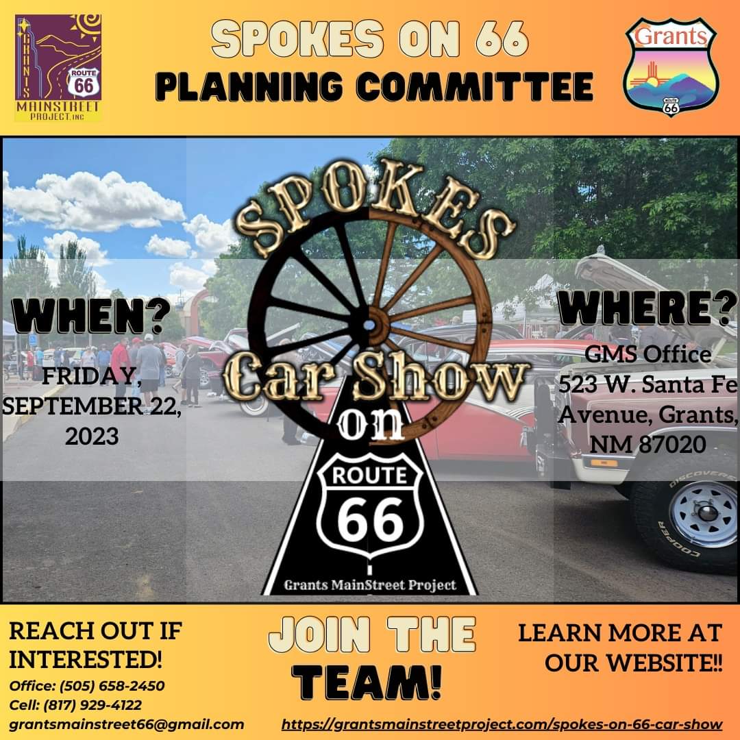 GrantsMSProject's tweet photo. Hey Grants, Milan, and the surrounding area! 

Grants MainStreet wants to invite anyone interested in helping us put on our 2nd annual Spokes on 66 Car Show!

We will be hosting a kick-off meeting on Friday at the Grants MainStreet office.
 https://t.co/5Ln1Lsrndl https://t.co/HUc6mx84MJ