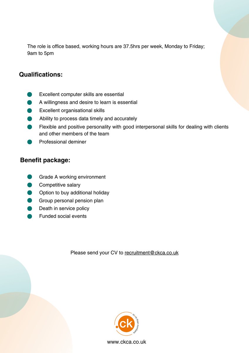 We are hiring! We have a position for an admin assistant. Further details of the role can be found below. To apply, please send your CV to recruitment@ckca.co.uk or contact Fran Clapham #hiring #accountants