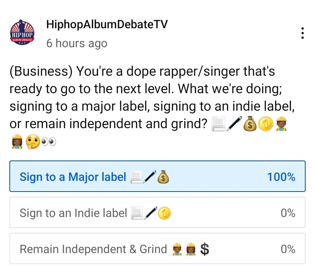 hhalbumdebate's tweet photo. I'd sign to a major if the percentages are fair and get the bag up front. I'll learn the game from them, the dos and don'ts, network...

#hiphop 
#hiphop50
#recordlabel 
#indielabel 
#majorlabel 
#indieartist 
#majorartist 
#independent 
#business 
#motivationmonday https://t.co/ObVeqNWC95