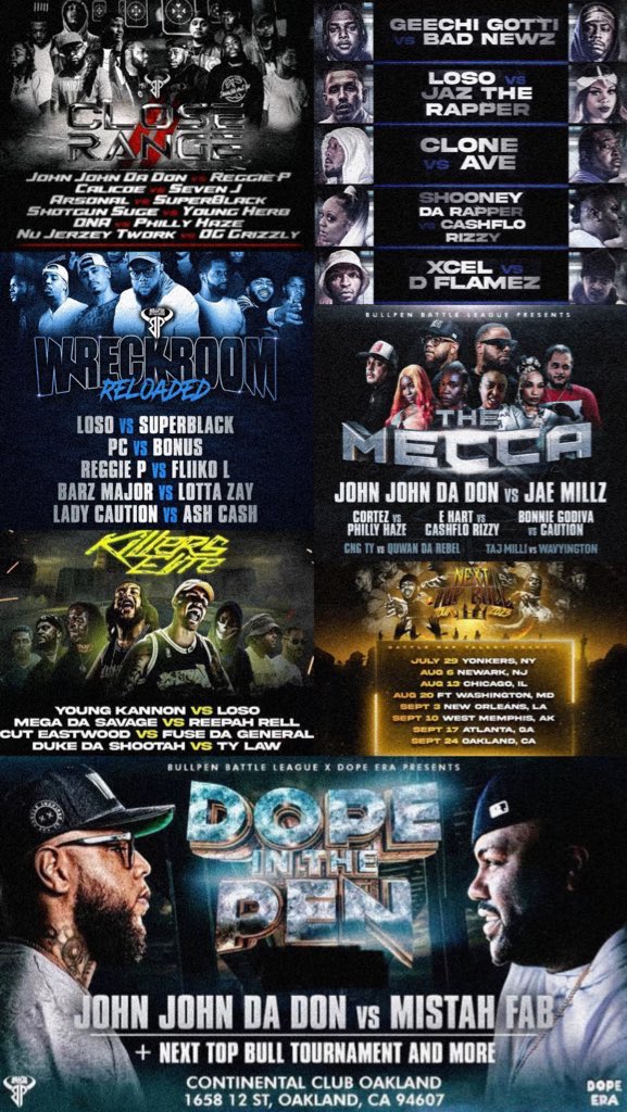 AllThingsBatRap's tweet photo. Bullpen Battle League has been killing it this year 🎥🔥 @BullpenBattles
February 11 • Close Range 2
April 15 • The Pendemic
June 11 • Wreck Room: Reloaded
July 30 • The Mecca
August 13 • Killers Elite
September 24 • Dope In The Pen
+ the #NextTopBull Tour 🏆 https://t.co/a6RdXUxKqs