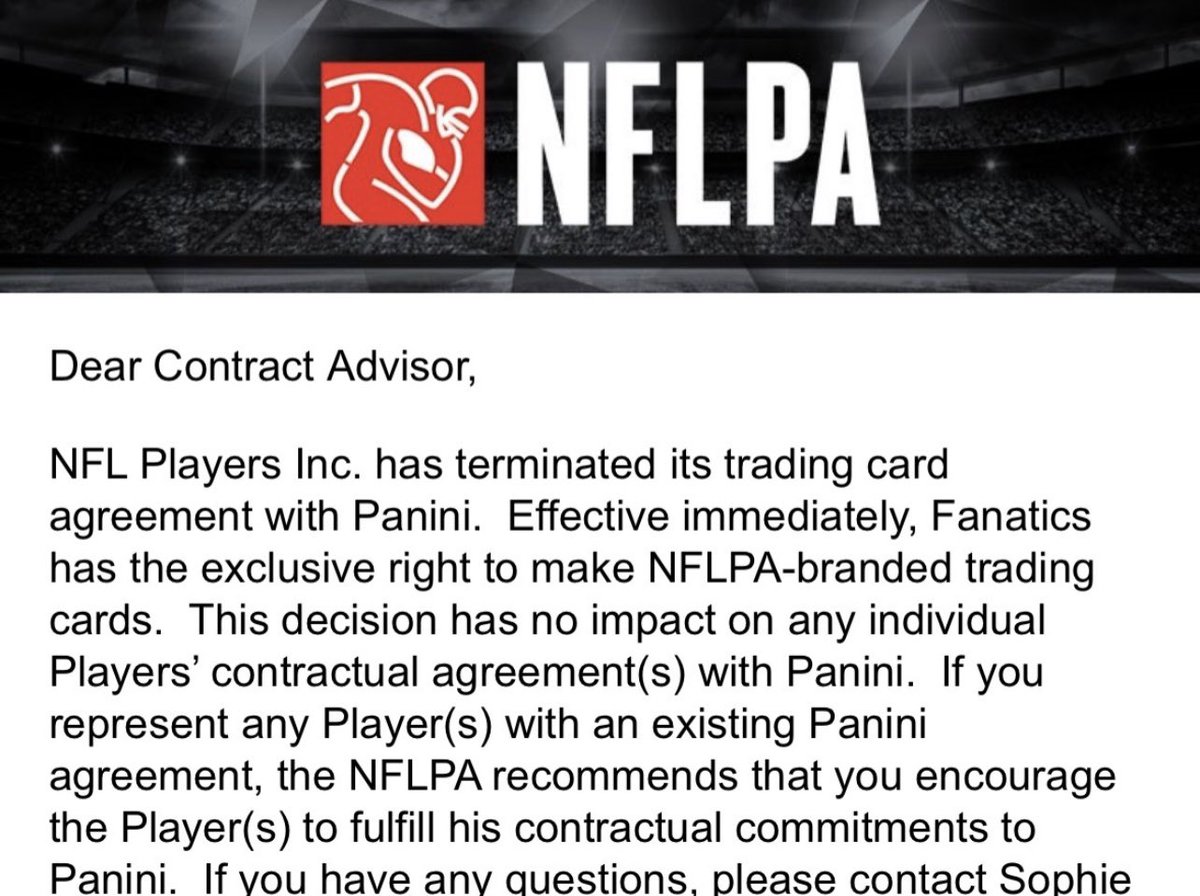 BREAKING: NFLPA says it has terminated its relationship with Panini effective immediately in letter sent this afternoon to agents. Fanatics is in three years early. Panini cannot produce any NFL cards with players names or likeness.