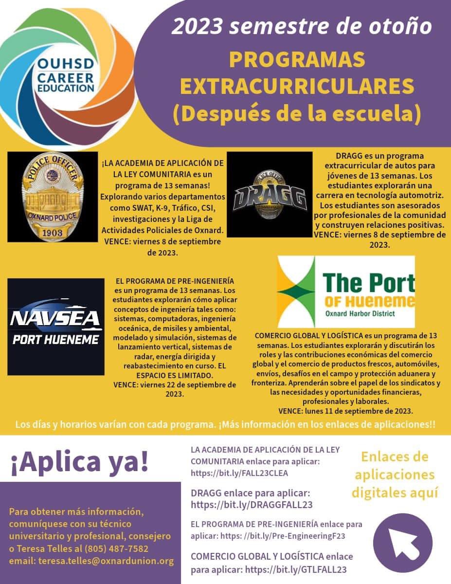 OUHSD Career Educati (@ouhsd_ce) on Twitter photo After school program applications are open! <a href="/hhs_viking/">Hueneme HS</a> <a href="/OxnardUnion/">OxnardUnion</a> <a href="/cihs_raiders/">Channel Islands HS</a> <a href="/phs_tritons/">Pacifica HS</a> <a href="/cihs_raiders/">Channel Islands HS</a> <a href="/chs_condors/">Condor High School</a> <a href="/ohs_jackets/">Oxnard High School</a> <a href="/GriffinsOmchs/">omchs_griffins</a> <a href="/rmhs_spartans/">Rio Mesa HS</a> <a href="/rchs_monarchs/">Rancho Campana</a> <a href="/achs_scorpions/">Adolfo Camarillo HS</a> <a href="/fhs_rockets/">Frontier HS</a> After school program applications are open! <a href="/hhs_viking/">Hueneme HS</a> <a href="/OxnardUnion/">OxnardUnion</a> <a href="/cihs_raiders/">Channel Islands HS</a> <a href="/phs_tritons/">Pacifica HS</a> <a href="/cihs_raiders/">Channel Islands HS</a> <a href="/chs_condors/">Condor High School</a> <a href="/ohs_jackets/">Oxnard High School</a> <a href="/GriffinsOmchs/">omchs_griffins</a> <a href="/rmhs_spartans/">Rio Mesa HS</a> <a href="/rchs_monarchs/">Rancho Campana</a> <a href="/achs_scorpions/">Adolfo Camarillo HS</a> <a href="/fhs_rockets/">Frontier HS</a>