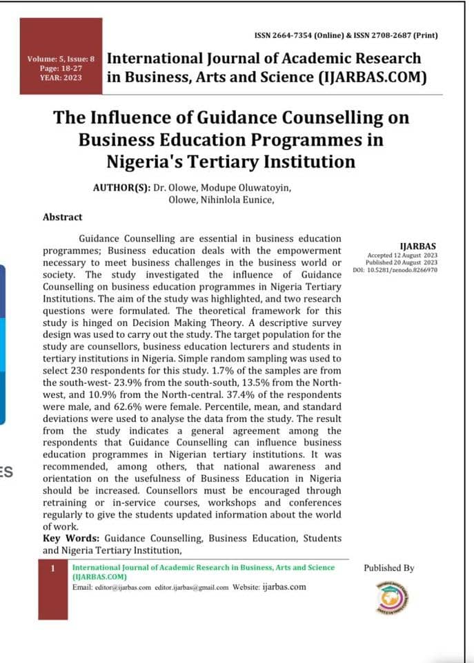 NihinlolaOlowe's tweet image. First publication in the year 2023. Mummy Dr (Mrs) Olowe modupe oluwatoyin  thank you for doing this with me.

You can read our work here ijarbas.com/2023/08/20/the…

#academicwriting #journalpublication