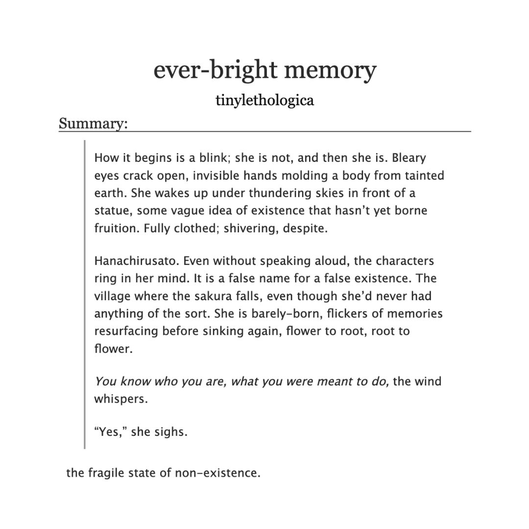 —ever-bright memory—
🌸 written for <a href="/moonbrochzine/">Moonbroch:Project Wrapped</a> 
🌔 gen
🌸 2k
🌔 hanachirusato (kazari) and the traveller, and the inevitable end.

leftover sales are currently open, please take a look! one of my favourite fics ever written, to date. link ⬇️
