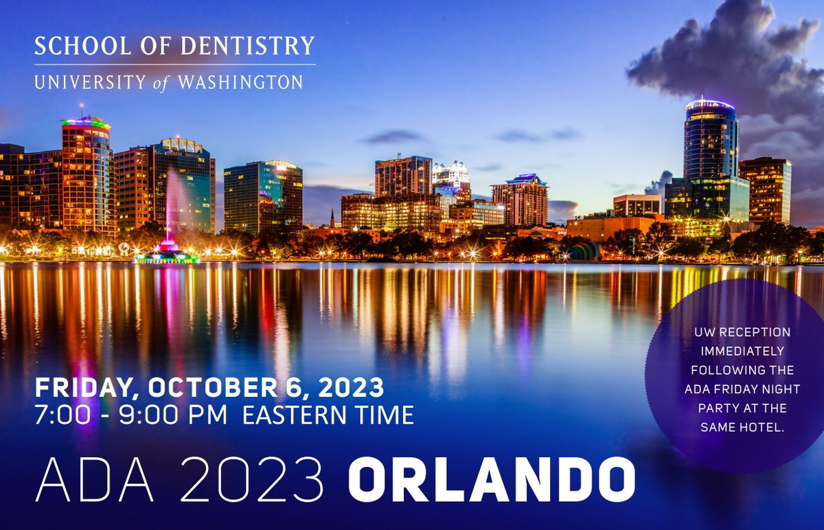 At the ADA 2023 SmileCon meeting this Oct. 5-7 in Orlando, FL, the UWSOD is hosting a reception. The UW reception will be held immediately following the ADA Friday night party (Oct. 6) at the same hotel, the Hilton Orlando Hotel. Register here by Sep. 29: docs.google.com/forms/d/e/1FAI…