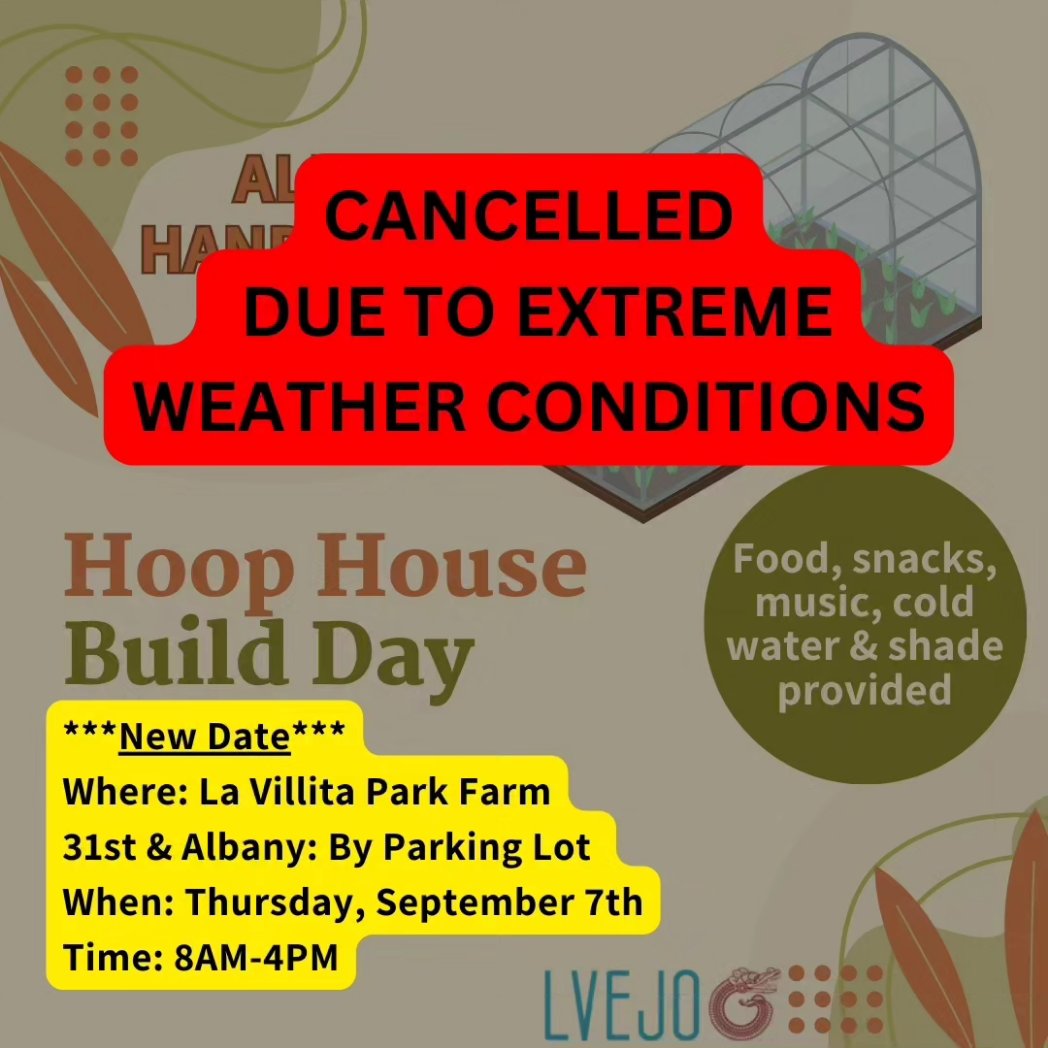 ‼️NEW DATE‼️

We have moved our Hoop House Build Day to Thursday, September 7th from 8am-4pm. ☀️

This decision was made based off extreme heat warnings and caring for the team as well as community members/ folxs who wanted to come out and support us. 

See you on the land!🌱