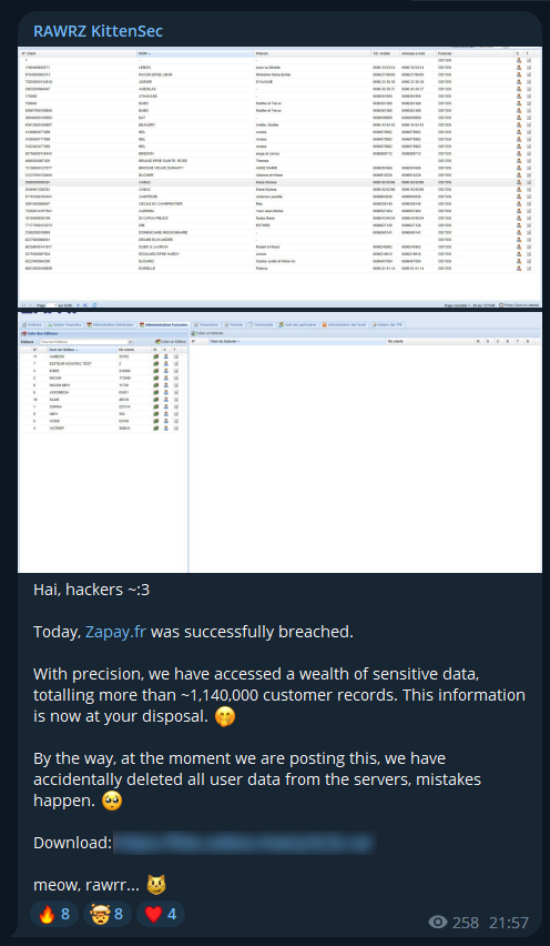 ThreatTracker's tweet photo. 😽 #KittenSec allegedly breaches #Zapay (https://t.co/HdnmFfSPAq), acquiring and publicly releasing ~1.14 million customer records.

The #hacker group also claims they have 'accidentally' deleted all user data from the servers, as shown in the attached image. https://t.co/vWZVaVQ9mn