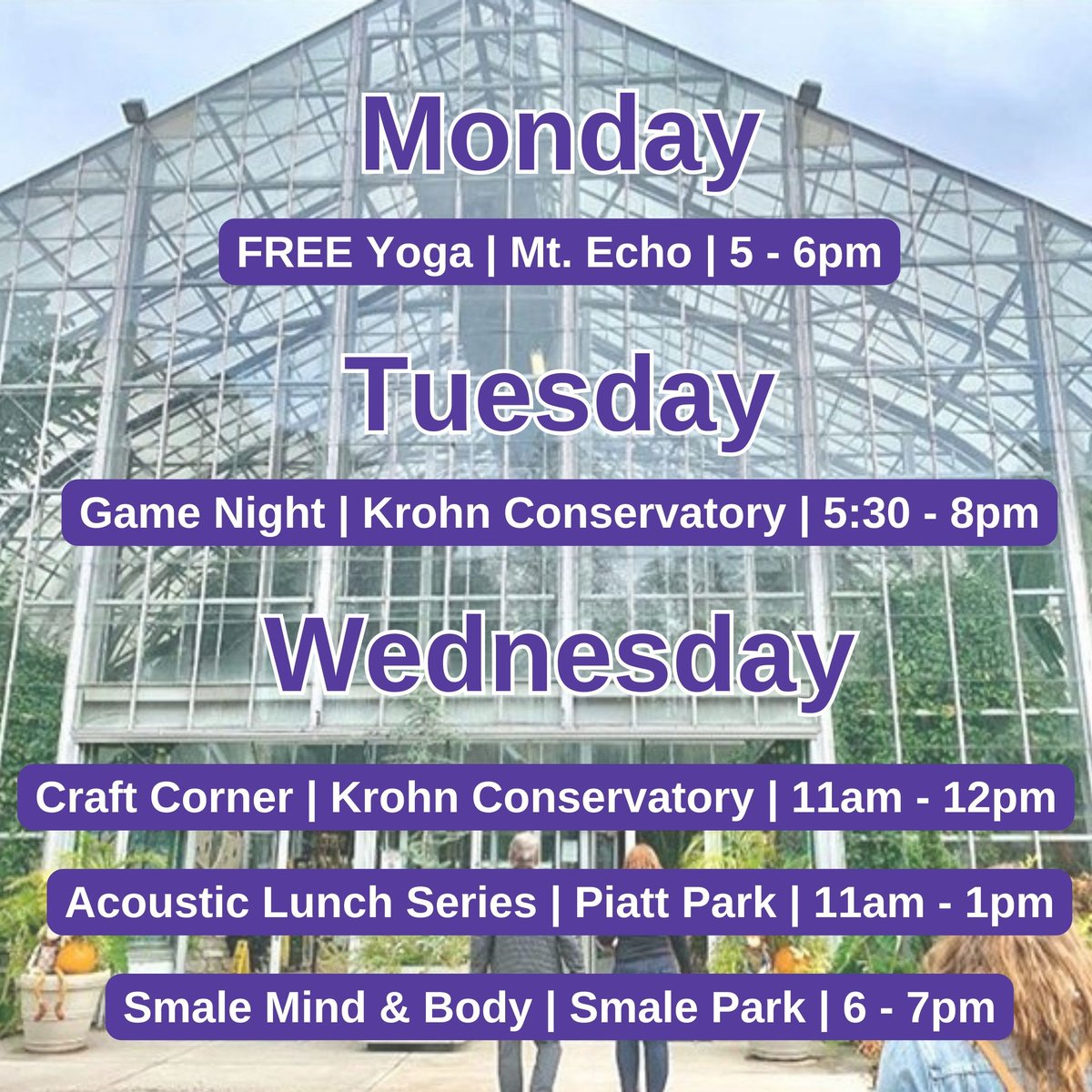 CincyParks's tweet photo. Here's your weekly update of what's going on in Cincinnati Parks. See an activity you like? Be sure to join us.
#cincyparks #cincygram #explorecincinnati https://t.co/hYZvU5ICTd
