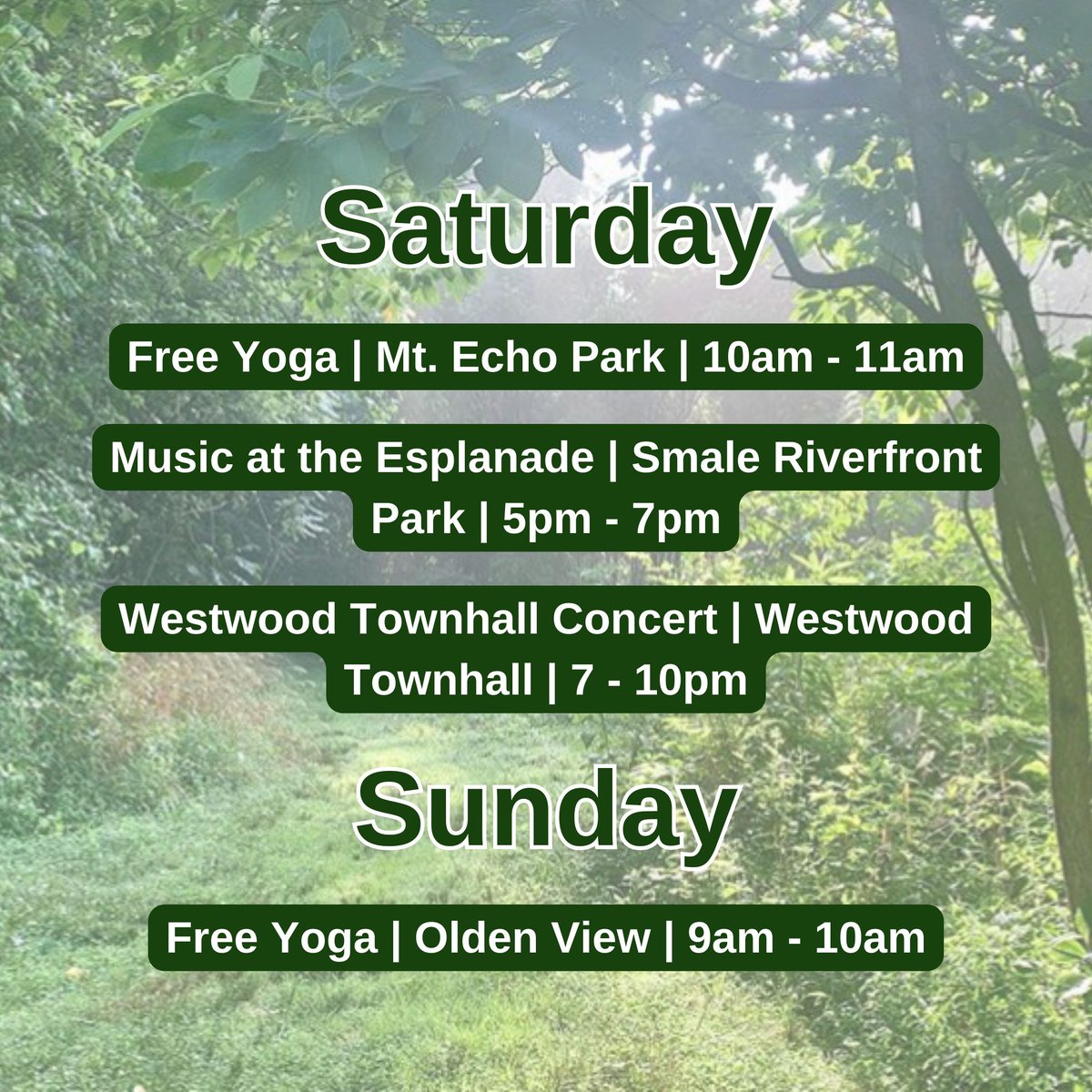 CincyParks's tweet photo. Here's your weekly update of what's going on in Cincinnati Parks. See an activity you like? Be sure to join us.
#cincyparks #cincygram #explorecincinnati https://t.co/hYZvU5ICTd