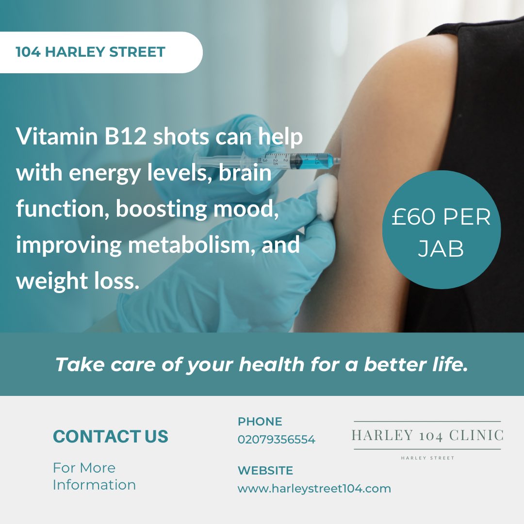 Get your B12 shot with us at 104 Harley Street to reap the benefits of vitamin B12. 

#harleystreet #london #uk #b12 #vitaminb12 #iv #ivinfusion #ivdrip #b12injections #b12shots #b12deficiency #privateclinic #health #healthcare #injection #doctors