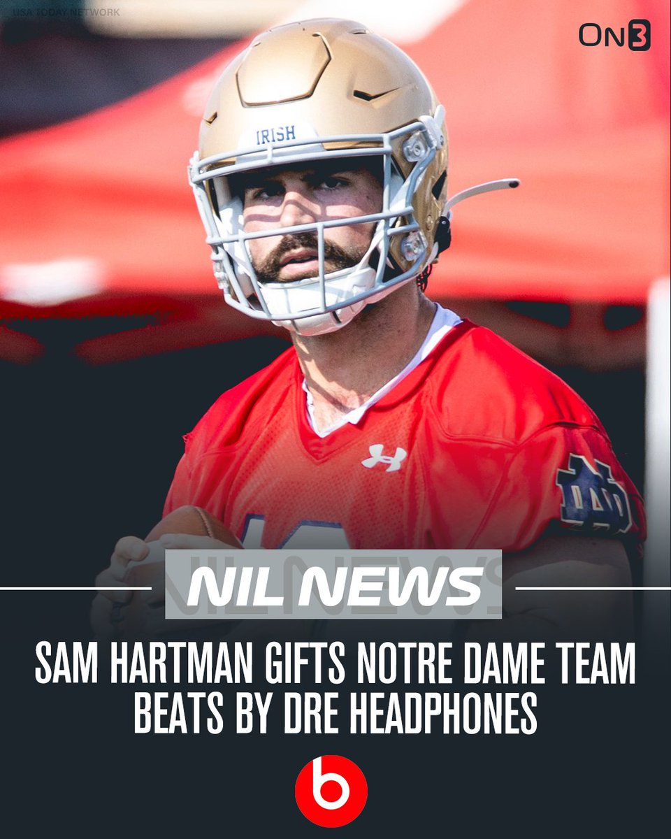 NEW: Notre Dame's Sam Hartman has signed an NIL deal with Beats by Dre, gifting his entire team headphones 🎧 Vayner Sports, which reps the quarterback, confirmed the partnership. Hartman has a $1.1 million On3 NIL Valuation. More via @Pete_Nakos96: on3.com/nil/news/sam-h…