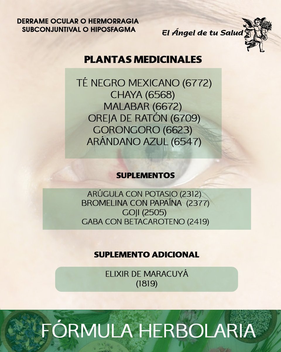 Lavoz_delangel's tweet photo. ¿Manchita roja👁en el ojo?
¡Derrame ¿Manchita roja  en el👁ojo?
#HojasRAicesyTallosOcular 
!Realiza el siguiente tratamiento. 
Pedidos a domicilio  55 4222 8927
#HojasRAicesyTallos  #saludVisual  #saludocular  #derrameocular  #herbolario  #plantasmedicinales https://t.co/RxqevE6tUl