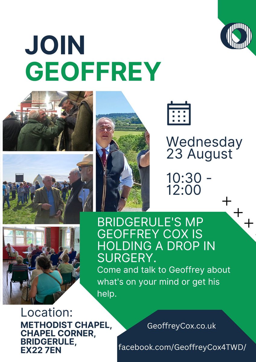 I am holding village surgeries in Parkham, Buckland Brewer and Bridgerule on Wednesday 23 August. Please get in touch on tellgeoffrey@geoffreycox.co.uk or just drop in if you would like to get my help or chat about something on your mind!