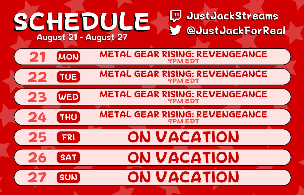 JustJackForReal's tweet photo. Here's this week's stream schedule!

I have no knowledge about Metal Gear in any form, so I figured I'd start with the...

*checks notes*

9th mainline game.

#streamschedule #smallstreamer #metalgearrising #MetalGear https://t.co/41NPCdMSOJ
